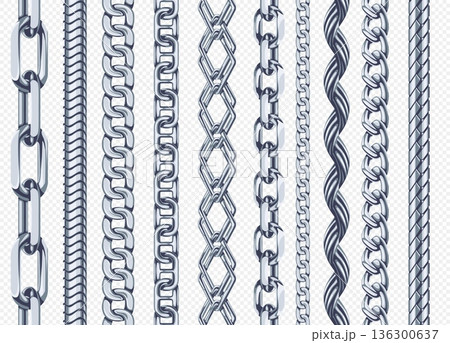Silver chain seamless borders. Realistic metallic jewelry links, fashion accessory, steel chains for marine design. Glossy repeat chains for bracelet or necklace isolated pattern brushes vector set Silver chain seamless borders. Realistic metallic jewelry links, fashion accessory, steel chains for marine design. Glossy repeat chains for bracelet or necklace isolated pattern brushes vector set 136300637