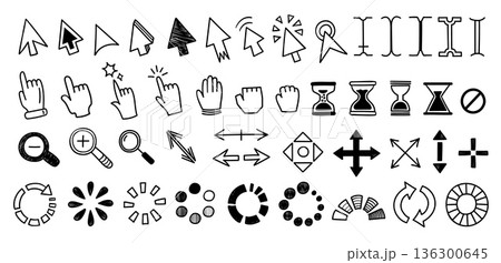 Cursor and pointer doodle icons. Line arrows and hand symbols for web UI, software and app interface. Hand drawn outline icons for click computer mouse actions, loading, move or resize vector set Cursor and pointer doodle icons. Line arrows and hand symbols for web UI, software and app interface. Hand drawn outline icons for click computer mouse actions, loading, move or resize vector set 136300645