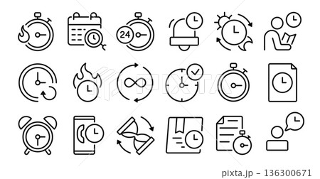 Time and clock line icons. Stopwatch, calendar and alarm for schedule planning, urgent deadline and productivity workflow or tracking. Linear symbols for study timers, delivery and notification 136300671