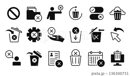 Delete and trash icons. Cancel cross and clear symbols to remove, block or discard files. Vector set of toggle switches and undo arrows for app settings, mistake erase and forbidden action 136300731