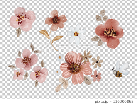 Watercolor cute red and brown flower set in simple primitive style with small bee shown as separate elements. Illustration for kids stationery, baby shower cards, packaging labels, nursery prints. 136300868