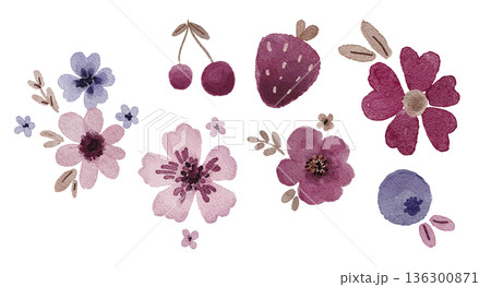 Watercolor cute floral and berry set with pink and purple flowers, strawberries and cherries, simple shapes. Illustration for kids stationery, stickers, postcards, packaging labels or nursery prints. 136300871