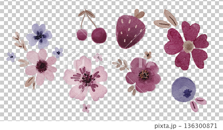 Watercolor cute floral and berry set with pink and purple flowers, strawberries and cherries, simple shapes. Illustration for kids stationery, stickers, postcards, packaging labels or nursery prints. 136300871