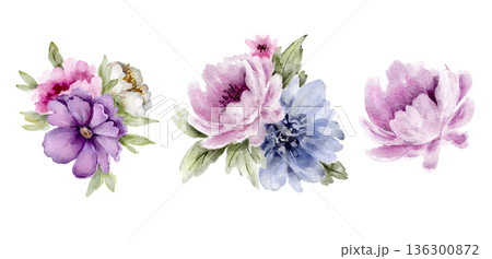 Watercolor bouquet set of pink, purple and blue flowers, soft pastel colors, separate elements. Floral Illustration for wedding invitations, greeting cards, packaging labels, stationery. 136300872