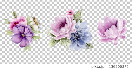 Watercolor bouquet set of pink, purple and blue flowers, soft pastel colors, separate elements. Floral Illustration for wedding invitations, greeting cards, packaging labels, stationery. 136300872