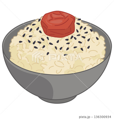 玄米ご飯と梅干しと黒ごまのイラスト 玄米ご飯と梅干しと黒ごまのイラスト 136300934