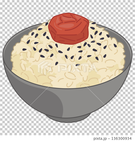 玄米ご飯と梅干しと黒ごまのイラスト 玄米ご飯と梅干しと黒ごまのイラスト 136300934