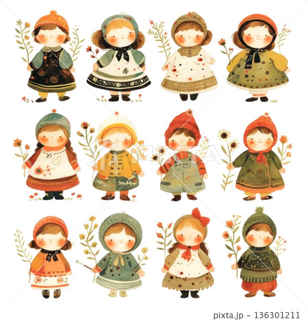 Adorable vintage-inspired watercolor children in cozy attire, surrounded by delicate floral elements 136301211