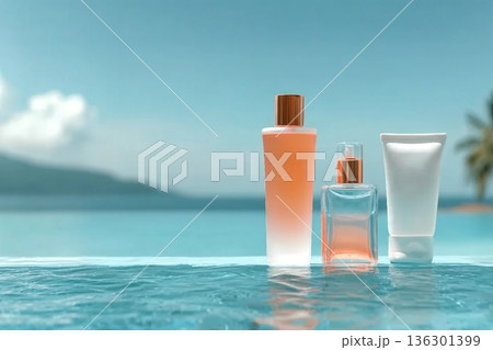 Set cosmetic bottles on edge of blue water Set cosmetic bottles on edge of blue water 136301399