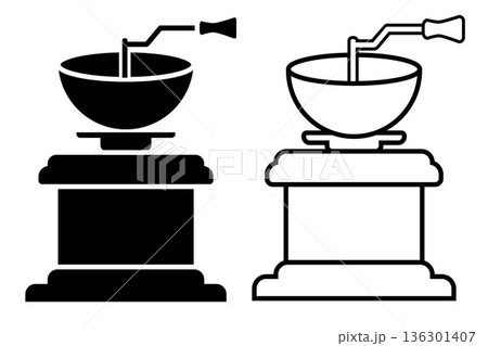 Coffee Grinder icon. Black or white silhouette coffee grinder isolated on white background. linear illustration, logo for coffee shop, hand drawn artwork 136301407