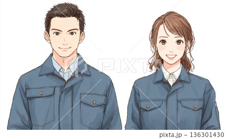 作業服を着た若い男女社員 136301430