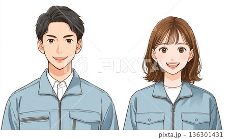 作業服を着た若い男女社員 136301431