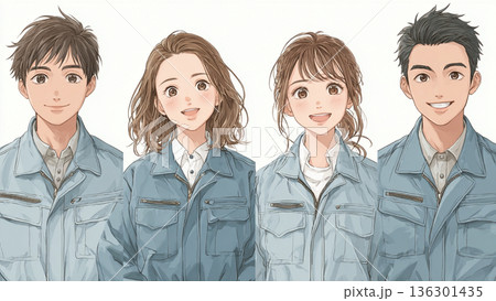 作業服を着た若い男女社員 136301435