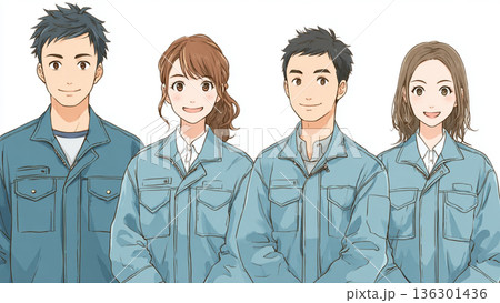 作業服を着た若い男女社員 136301436