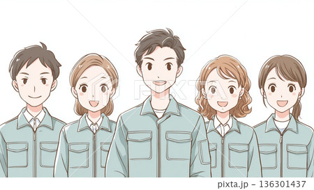 作業服を着た若い男女社員 136301437