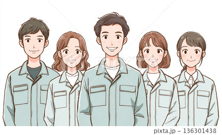 作業服を着た若い男女社員 136301438