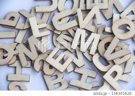 Top view of wooden letters on white background. 136301626