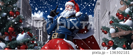 Santa Claus in a stylish twist, striking a heroic pose amidst urban snowflakes and festive trees 136302181