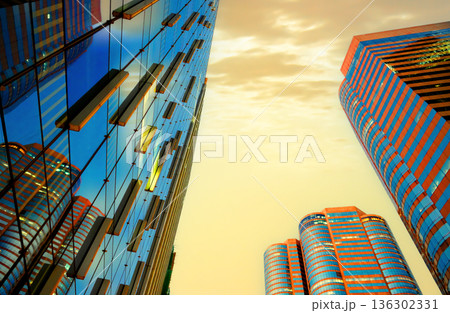 High-rise bank building Hong Kong Central Business District. Glass facade hotel skyscraper building 136302331