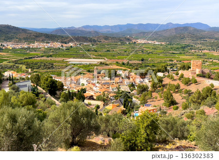 Torres Torres town village, Valencia, Spain. Rural landscape. Buildings and houses in city. Torres Torres town village, Valencia, Spain. Rural landscape. Buildings and houses in city. 136302383