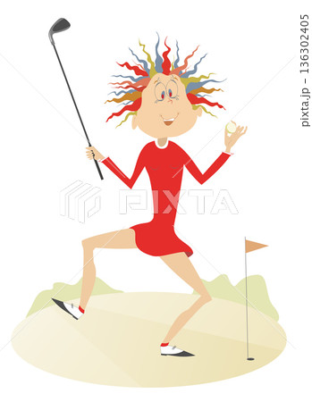 Golfer woman on the golf course. Golf course. Pretty young golfer woman with a golf club holds a golf ball. Isolated on white background	 136302405