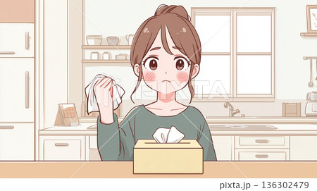/* 花粉症でティッシュを手にする女性の春の体調不良イメージイラスト */ /* 花粉症でティッシュを手にする女性の春の体調不良イメージイラスト */ 136302479