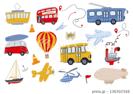 Hand drawn transport elements in childlike style for kids illustration 136302588