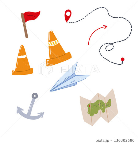Hand drawn travel and transport icons set with route paths and navigation elements 136302590