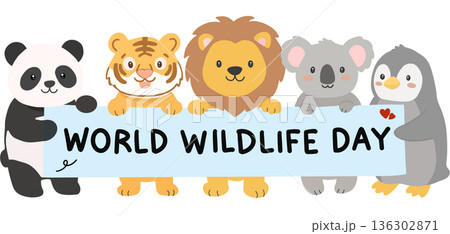 Cute cartoon animals holding a banner that reads World Wildlife Day. Featuring panda, tiger, lion, koala, and penguin in a friendly flat illustration style. 136302871