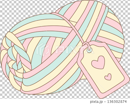 Hand Drawn Minimalist Illustration of a Pastel Yarn Ball with Heart Tag for Knitting Hobby and Valentine's Day Design 136302874