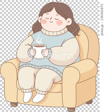 Hand Drawn Minimalist Illustration of a Cute Girl Sitting in a Cozy Armchair Holding a Hot Mug for Relaxation and Self Care Concept 136302875