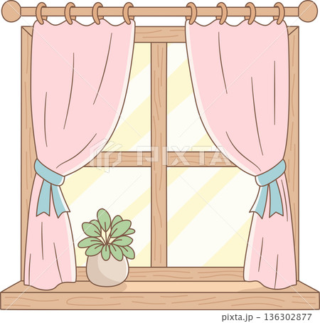 Hand Drawn Minimalist Illustration of a Cozy Window with Pink Curtains and Potted Plant for Home Interior and Decor Design Hand Drawn Minimalist Illustration of a Cozy Window with Pink Curtains and Potted Plant for Home Interior and Decor Design 136302877