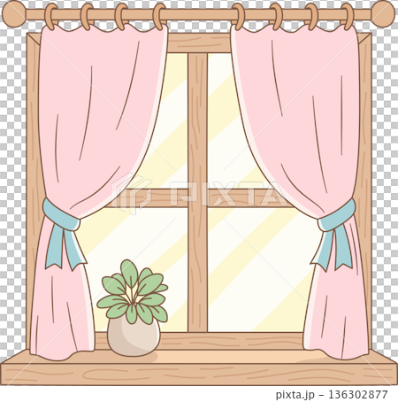 Hand Drawn Minimalist Illustration of a Cozy Window with Pink Curtains and Potted Plant for Home Interior and Decor Design Hand Drawn Minimalist Illustration of a Cozy Window with Pink Curtains and Potted Plant for Home Interior and Decor Design 136302877