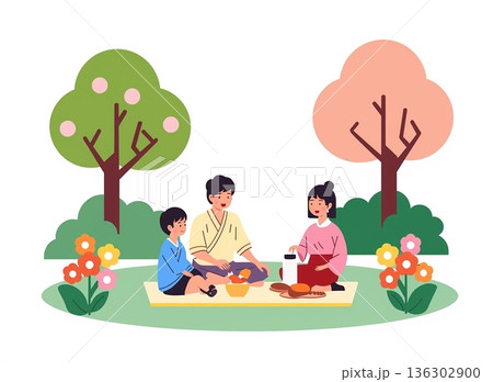 桜の木の下でピクニックを楽しむ家族のイラスト 136302900