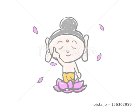 カラフルな花祭りの釈迦像と散る花びら 136302959