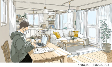 /* 花粉症対策をしながら仕事や学習に集中する男性の室内ワークシーン */ 136302993