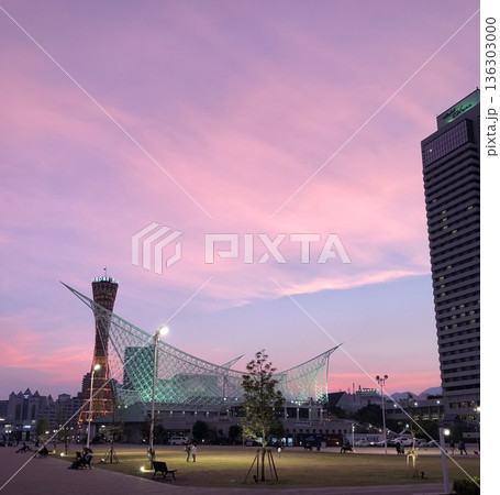 神戸ハーバーランドの夕暮れ　公園越しに望むポートタワーと港の風景 136303000