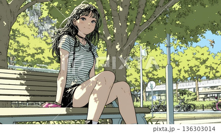 公園のベンチでひとり静かにくつろぐ若い女性