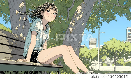 公園のベンチでひとり静かにくつろぐ若い女性