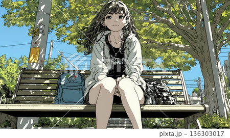 公園のベンチでひとり静かにくつろぐ若い女性