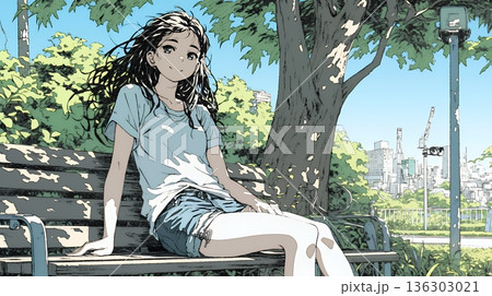 公園のベンチでひとり静かにくつろぐ若い女性