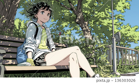 公園のベンチでひとり静かにくつろぐ若い女性