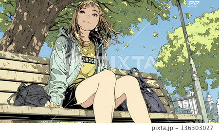 公園のベンチでひとり静かにくつろぐ若い女性