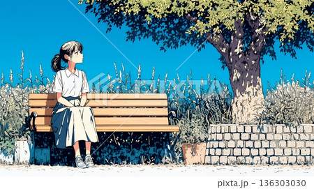 公園のベンチでひとり静かにくつろぐ若い女性