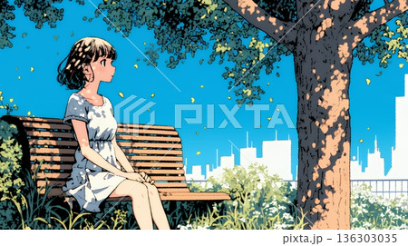 公園のベンチでひとり静かにくつろぐ若い女性