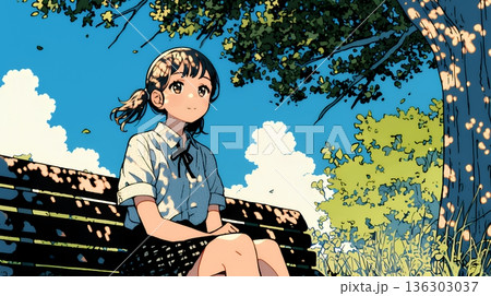 公園のベンチでひとり静かにくつろぐ若い女性 136303037