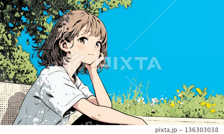 公園のベンチでひとり静かにくつろぐ若い女性 136303038