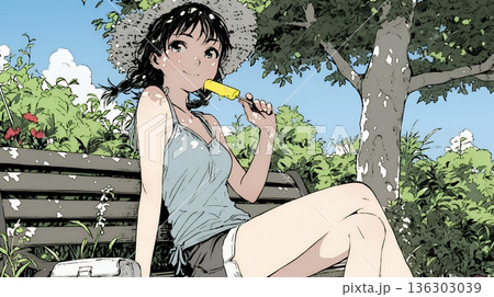 公園のベンチでひとり静かにくつろぐ若い女性 136303039