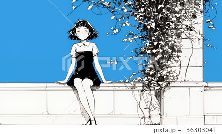 公園のベンチでひとり静かにくつろぐ若い女性（シンプルな色使い）