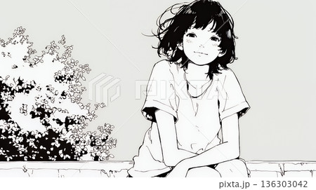 公園のベンチでひとり静かにくつろぐ若い女性（シンプルな色使い）